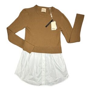 NWT ELIE TAHARI Merino Wool Sweater Shirt Tunic Top Warm Camel/White. Sz: M